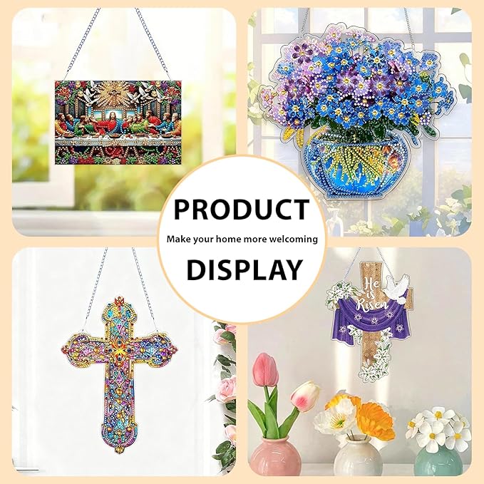 IASINN Cross and Doves Diamond Painting Pendant 5D Diamond Art Painting Kits for Adults Beginners, Special Shape Crystal Diamond Crafts Ornament Hanging Sign for Home Wall Window