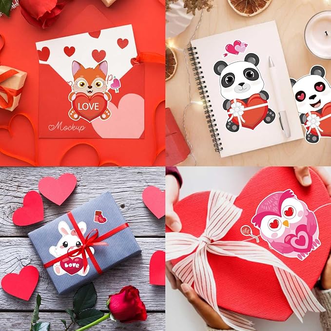 32 sheets valentine stickers for kids, valentine's day make a face stickers, make your own stickers 8 designs of animal owl rabbit bear stickers for boys girls