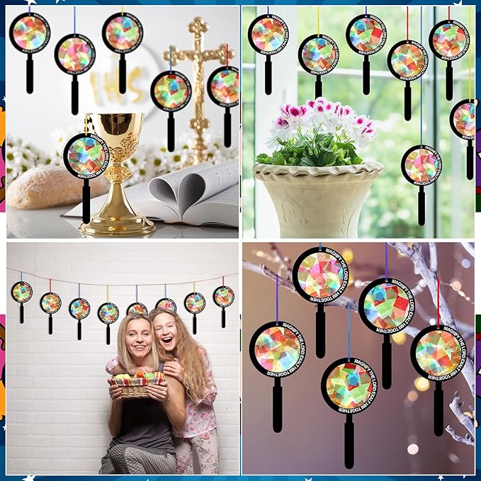 Motipuns 32 Sets Magnify Suncatchers Craft Kits DIY Magnifying Glass Shape Church Christian Religious VBS Craft Stained Glass Effect Tissue Paper Kit for Sunday School Resurrection Window Art