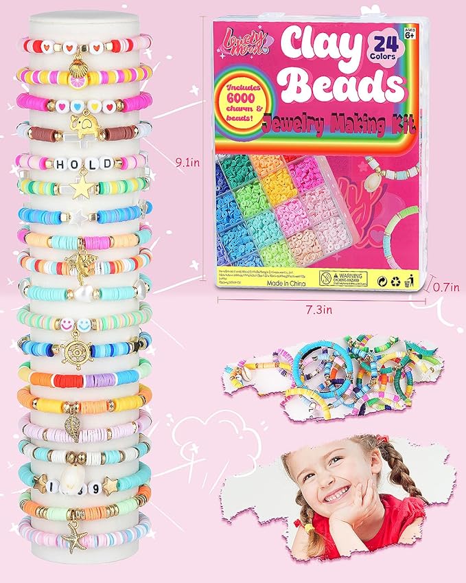 LovelyMoon Clay Beads Bracelet Making Kit 6000Pcs Preppy Flat Beads for Friendship Bracelet Jewelry Making Kit for Beginner Arts and Crafts Gifts for Teen Girls Kids Ages 6 7 8 9 10 11 12