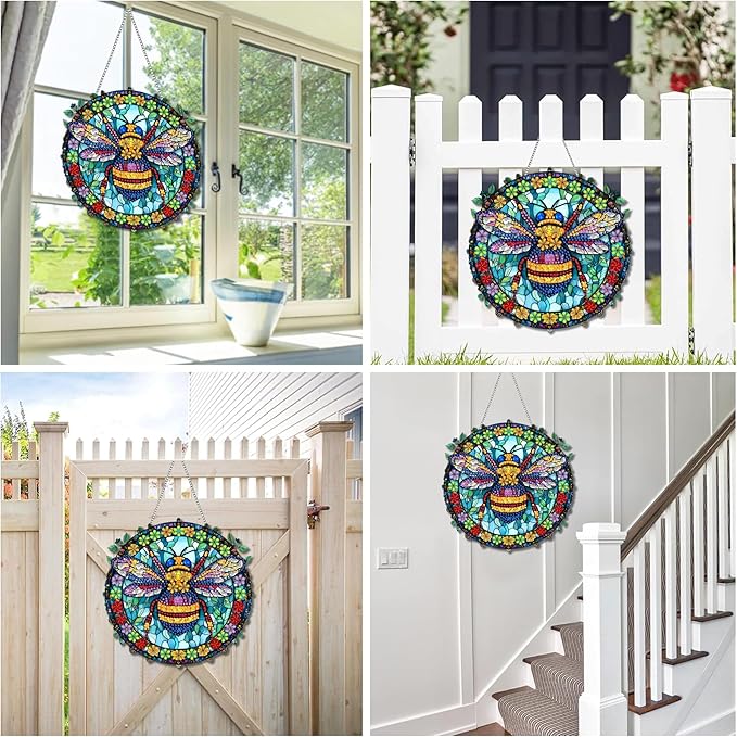 Reofrey Hanging Diamond Art Kits for Adults - 8x8 Inch Bee Acrylic Board Double Sided Pattern Diamond Painting Suncatcher Pendant, DIY Crystal Art for Home Wall or Window Decoration Handmade Gift