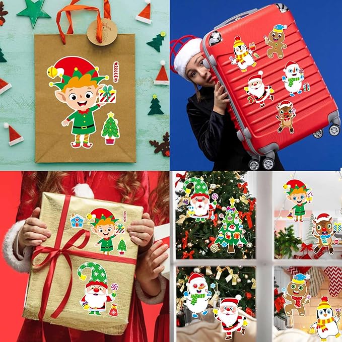 32 sheets christmas stickers for kids, make your own characters mix and match sticker, make a face stickers winter holiday gift, xmas party games sticker christmas party favor
