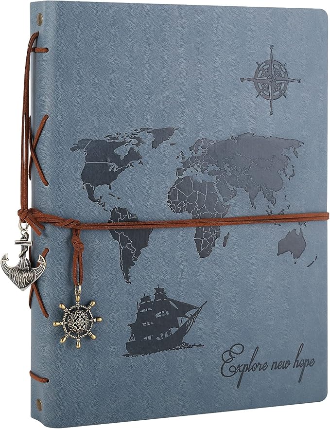ZEEYUAN Leather Scrapbook Photo Album 60 Pages Vintage Travelling Journal Scrapbook Album DIY Photo Album, World Map Scrap Book Our Adventure Book Memory Photo Book Scrapbook Supplies