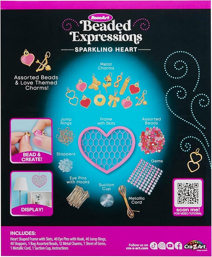 RoseArt Beaded Expressions Heart DIY Beaded Sun Catcher Craft Kit - Valentine’s Day DIY Bead Art for Kids – Design, Bead & Display Hanging Heart Frame – Jewelry-Inspired Window Decor, Ages 8+