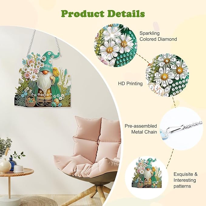 HEIBAGO Easter Gnome Diamond Art Hanging Kits for Adults, Diamond Art Suncatchers Egg, 5D Special Shape Diamond Painting Pendant, DIY Window Ornament Gifts for Home Garden Door Wall Decor 8.3 x 8.3 In