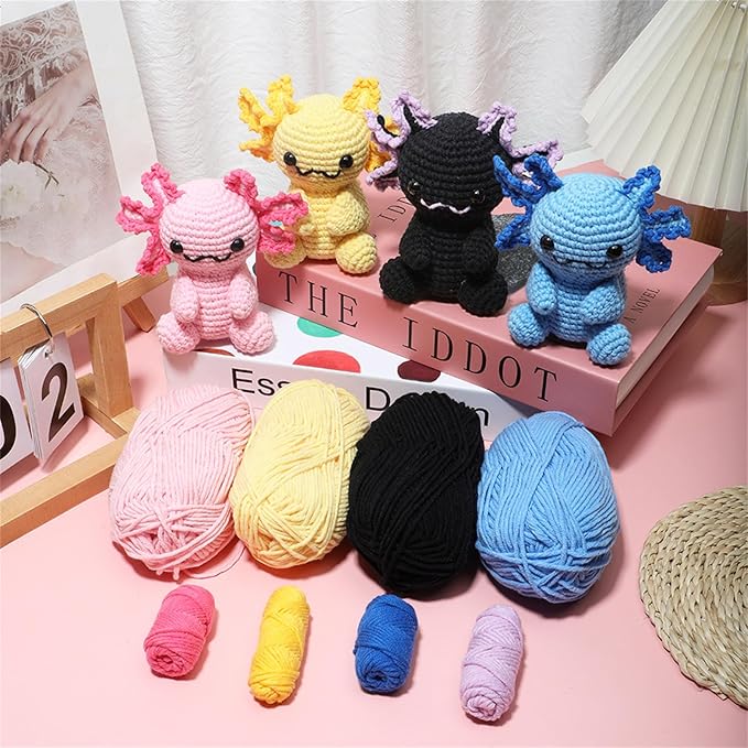Milaflora 4Pack Axolotl Crochet Kit for Beginners Adults, DIY Crochet Animal Kit with Step-by-Step Video Tutorials, Crocheting Kits for Starters, Beginner Crochet Kit for Adults
