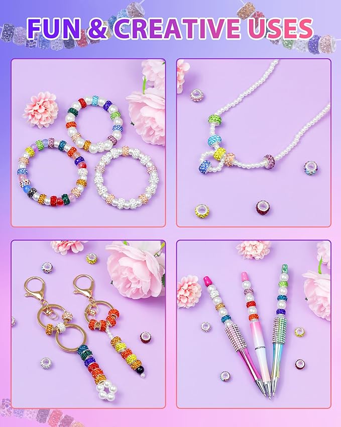 200pcs fiveizero rhinestone large hole beads for jewelry making, 20 colors rhinestone european bead bulk spacer beads for beadable pens, diy crafts
