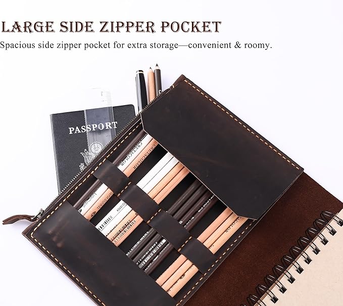 Leather Sketchbook Cover for A5/5.5"x8.5" sketch pads - Handmade Genuine Leather Artist Case with Pencil Holder & Zipper Pocket, Professional Drawing Supplies (D.Brown, 5.5"x8.5")