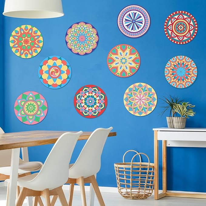 22 Pcs Wooden Mandala Painting Set 10 Mandala Unfinished Wood Cutouts with 12 Markers for Crafts Diwali Craft Wood Slices for Adults Painting DIY Tags Wedding Home Decors(Vintage Style)