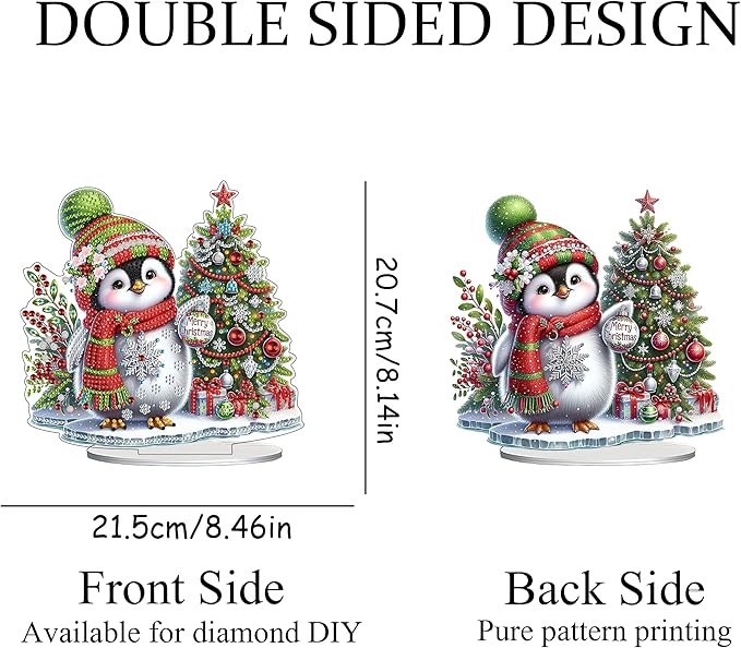 JJFox DIY Tabletop Diamond Art Painting Kit,Special Shaped Rhinestone Desk Placement Ornament,Home Stand Up Gem Painting Craft Kit,Gift,Double Sided. (Penguins and Christmas Trees-1)