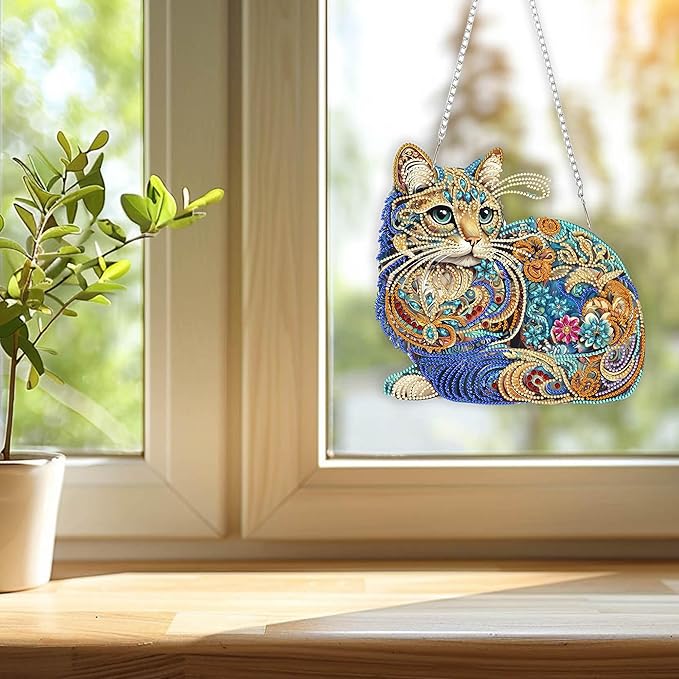 Nivvey DIY Hanging Diamond Art Pendant Painting Kit Cat, Acrylic Diamond Art Board Ornament for Adults,9.4x9.6inch