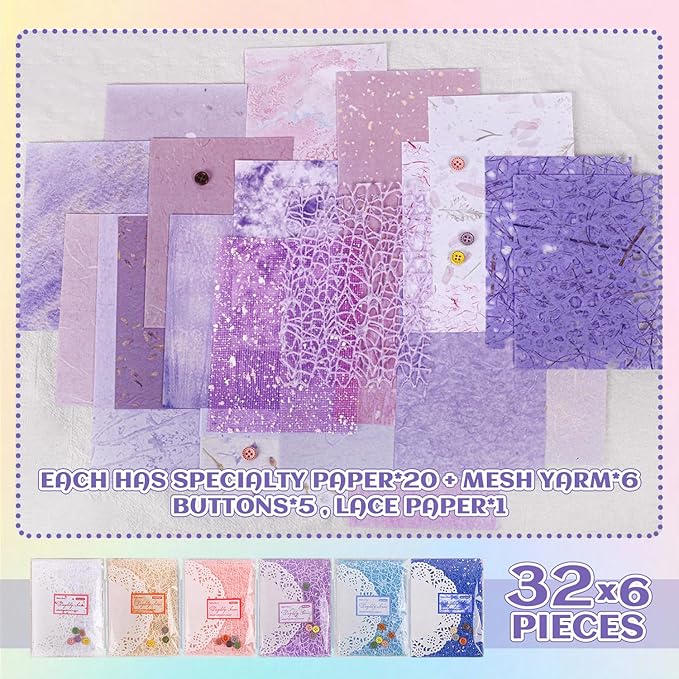 156Sheets Textured Scrapbook Paper & Mesh Fabric Assorted Set+30 Buttons, 6 Pack Mixed Special Paper for Scrapbooking,Planner,Bullet Junk Journal Supplies & DIY Mixed Media Collages 4.3x5.5in