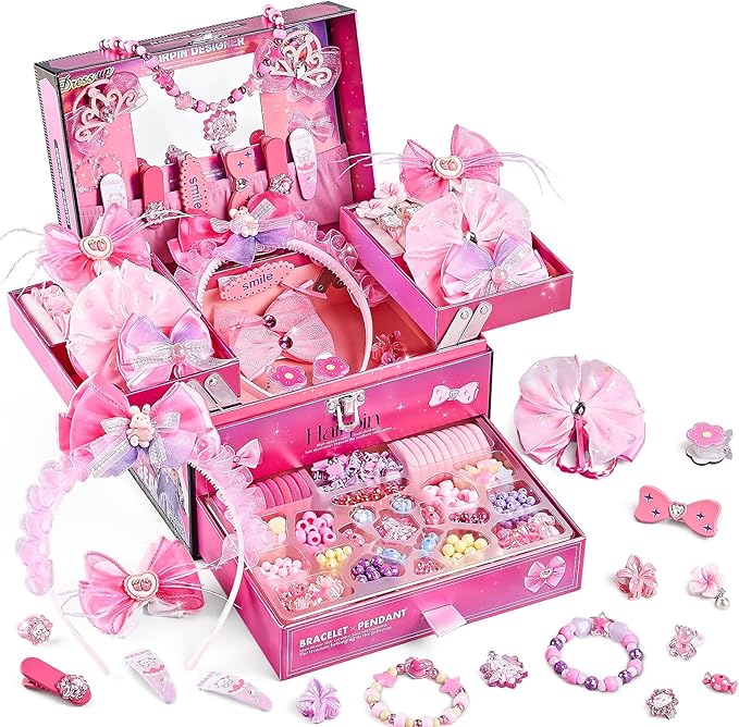 hair accessories for girls,headband set for girls ages 5-12,charm bracelet making kit 8-12,arts & crafts gift toys for girl 5 6 7 ,christmas birthday gifts for kids 8 9 10 11 12 year old girl (pink)