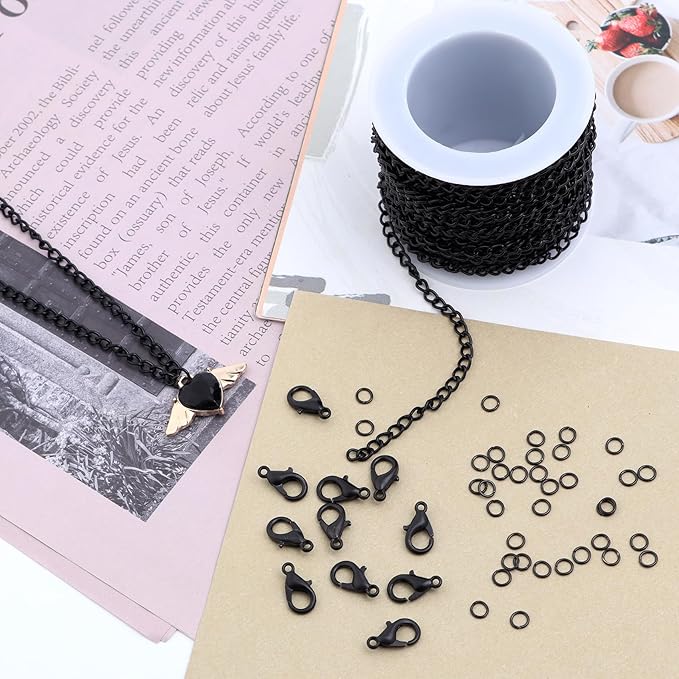 Lemonkey 33 Feet Metal Black Necklace Chains Curb Links Chains Bulk for Jewelry Making DIY Craft Kit with Lobster Clasps Jump Rings
