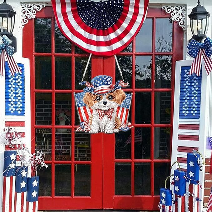 DOMROM 4TH of July Diamond Art Hanging Kit for Adult, Dog Diamond Art Hanging Kit, Patriotic DIY Diamond Art, Independence Day Diamond Hanging Pendant, Window Pendants Home Wall Hanging Ornament