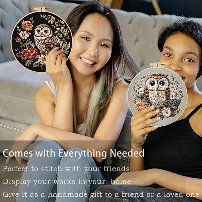 FONNUY Embroidery Kit for Beginners, Owl Flowers Pre-Stamped Pattern Kits for Adults with Hoop, Easy to Follow Color Thread Needlework, 8'' Hoop (Brown)
