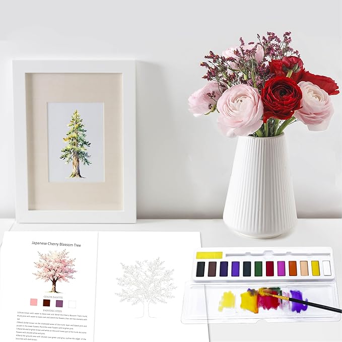 Watercolor Workbook Creative Fruit Water color Paint Book Set with Paints & Brush, 12 Patterns of Original DIY Designs, Beginner-Friendly Adult Coloring Books (Tree)
