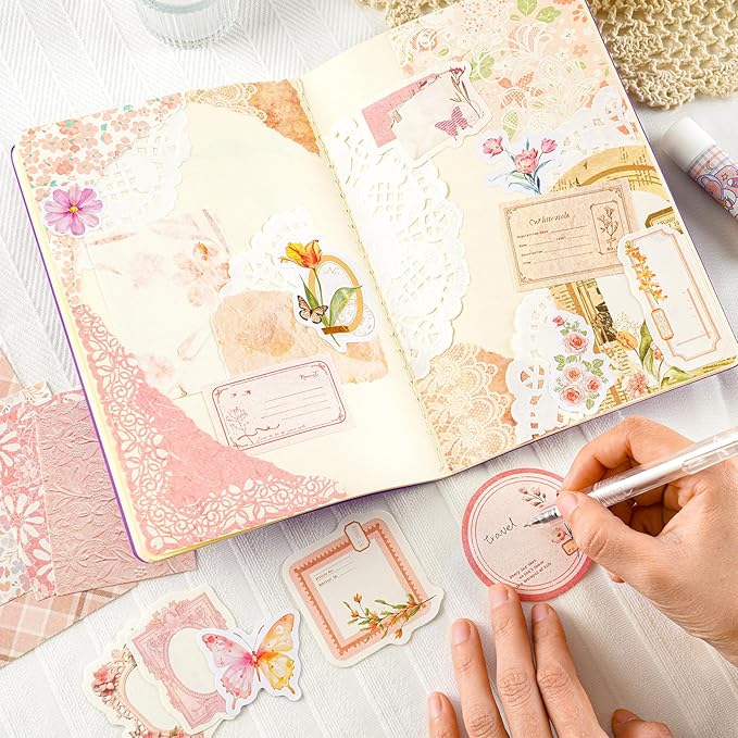 560 Sheets Floral Scrapbook Paper with Stickers Assorted Set, 7 Colors Scrapbooking Paper Vintage Scrapbook Supplies Kit Craft Decorative Papers for DIY Scrapbooks Junk Journals Planner Crafts