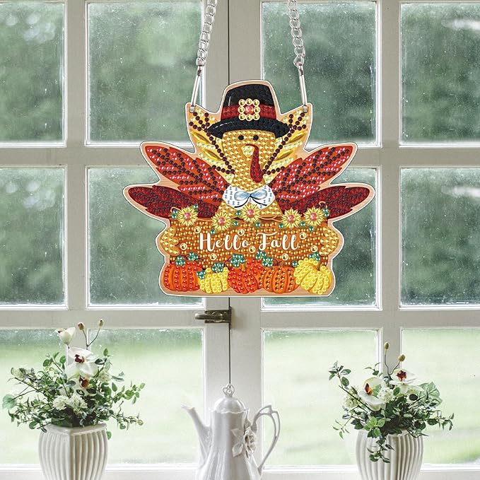 DIY Diamond Painting Hello Fall Hanging Sign – Maple Leaf Door Hanger with Pumpkins, Fall Leaves, Autumn Thanksgiving Wall Window Decor Craft Kit for Porch Farmhouse