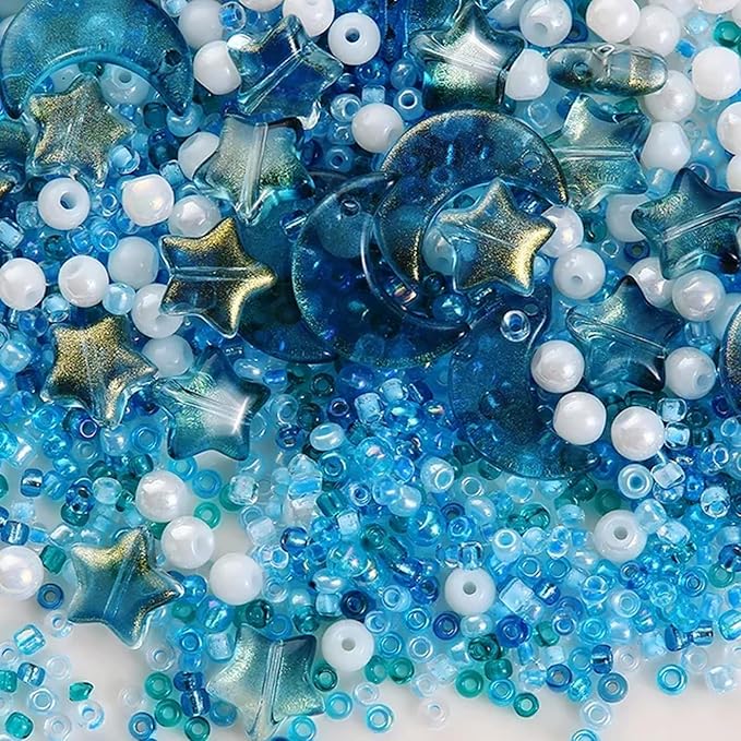 Mixed Star Moon Crystal Glass Beads Seedbeads Loose Round Pearl Beads for Jewelry Making Craft Bracelets Necklaces Earrings DIY Crafts Projects Sky Blue Glass Spacer Bead Kits for Crafts