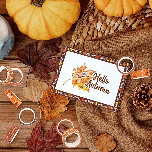 Whaline 12 Rolls Fall Thanksgiving Washi Tapes Assorted Autumn Pattern Decorative Tapes Pumpkin Turkey Dots Masking Tapes for Fall Thanksgiving Scrapbook Journal DIY Craft Gift Wrapping, 0.6Inch