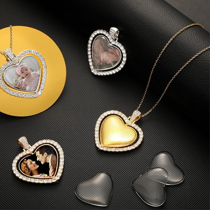 Hicarer 24 Pcs Rhinestone Pendant Trays Set Including 8 Heart Shape Double Sided Blank Pendant Charms with 16 Glass Domes Blank Discs Necklaces Halloween Jewelry Making