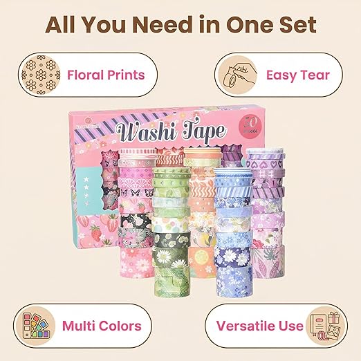 50 Rolls Washi Tape Set, Assorted Sizes, for Junk Journal Scrapbook, Bullet Journaling Scrapbooking Supplies, Planner Sticker DIY Craft Decor (Dreamy Pastels)