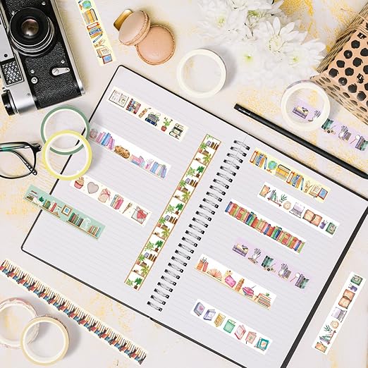 Watercolor Book Washi Tape - 12 Roll Lover Books Coffee Study Library Bookshelf Themed, Cozy Study Space Designs for Scrapbooking, Journaling, Gift Wrapping, Bookmark Making & Library Decor