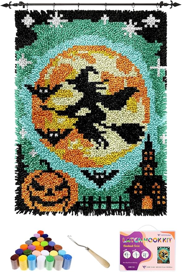 veirousa Halloween Flying Witch Latch Hook Kits for Adults Kids Beginners Pumpkin DIY Latch Hook Rug Kit Pre-Printed Hook and Latch Carpet Making Kits Cross-Stitch Wall Hanging Crochet Set 15x20 Inch