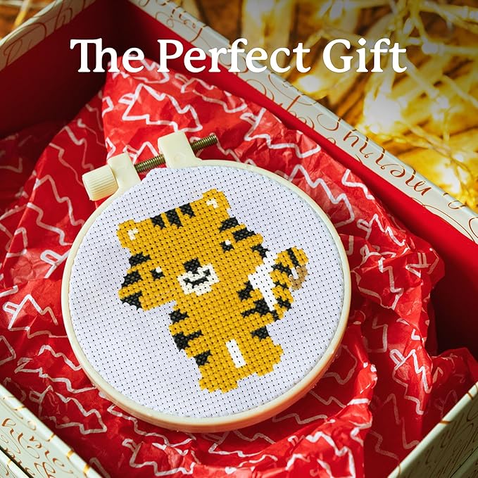 kraftex floral stamped cross stitch kits for beginners - 3 pack. diy embroidery needlepoint patterns for adults. easy cross stitch kits for beginners (zoo creatures)