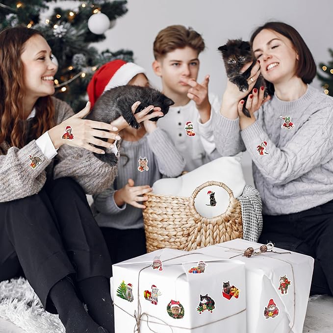 h1vojoxo christmas cat sticker rolls- 1000pcs holiday cat stickers for kids 16 styles christmas cute cats realistic sticker xmas gift cats stickers for envelopes craft water bottles