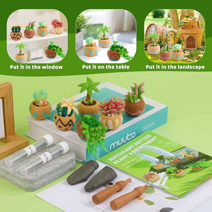 Yizzvb Needle Felting Kit, 6 Pcs Succulent Felting Kit for Beginner, Felting Kit, Needle Felting Tools Including Wool Roving, Foam Mat, Felting Needles and Instructions for DIY Felting Starters