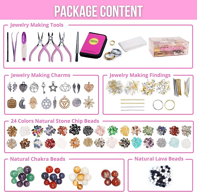 MODDA Natural Stone Jewelry Making Kit for Adults, Women. Includes Video Course, Crystal, Lava, Chakra Beads, Necklace, Bracelet, Earrings, Ring Supplies for Adults