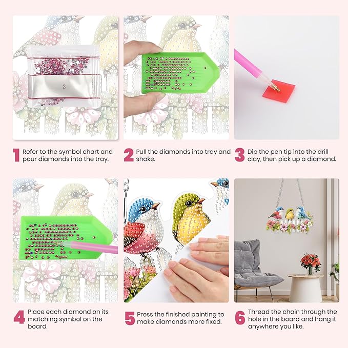 MXJSUA Special Shaped Hanging Diamond Painting Art Kits for Adults, Three Cute Birds 3D Crystal Rhinestone Acrylic Gem Art Pendant Ornaments Kit for Home Decoration and Gift