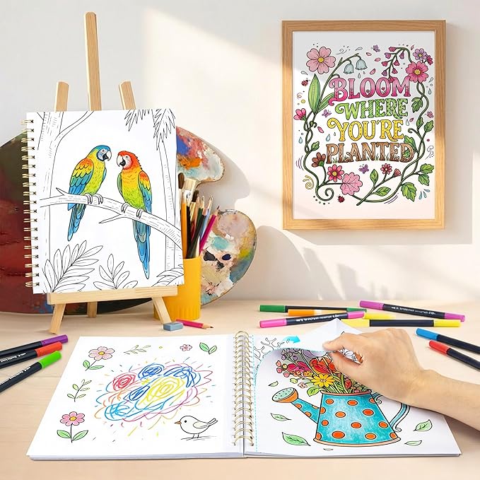 Ospelelf Adult Coloring Book Set Women Relaxation Gifts with 24 Colors Markers for Birthday, Stress Relief with 30 Patterns Included Animal, Flowers, and Positive Messages for Her