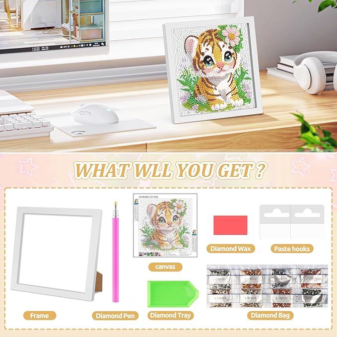 SENQAO Tiger Diamond Art Kit for Adults with Frame Art and Crafts for Adults Ages 6-8 -10-12 Easy to DIY Diamond Art for Adults and Adult Beginners Home Wall Decoration 7.1x7.1inch