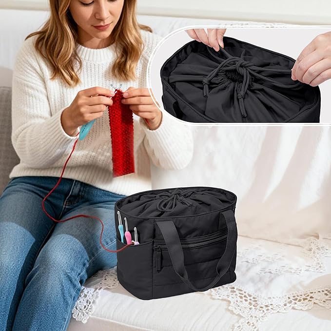 Teamoy Small Knitting Bag Tote, Puffer Yarn Storage Bag, Drawstring Crochet Bag Organizer for Yarn Skeins and Crocheting Supplies, Black
