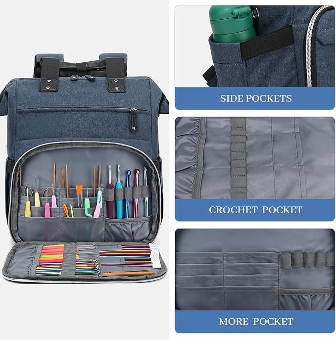 LTINVECK Crochet Backpack,Knitting Bag Backpack Yarn Storage Organizer Travel Crochet Bag,Large Yarn Tote Bag Yarn Holder Case for Knitting Needles,Crochet Hooks,Crochet Accessories,Blue