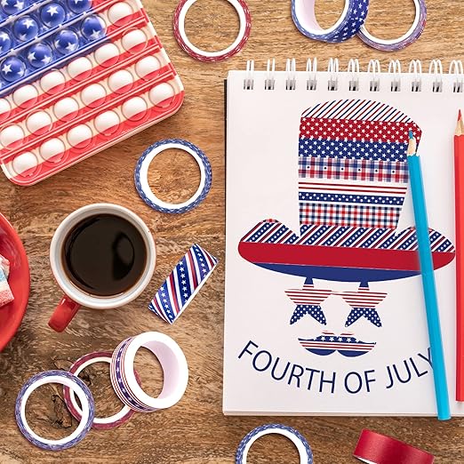 Whaline 12 Rolls 4th of July Washi Tape Patriotic Stars Stripes Washi Masking Tape Red Blue White Plaids Decorative Paper Stickers for Independence Day Scrapbook Gift Wrapping DIY Art Crafts