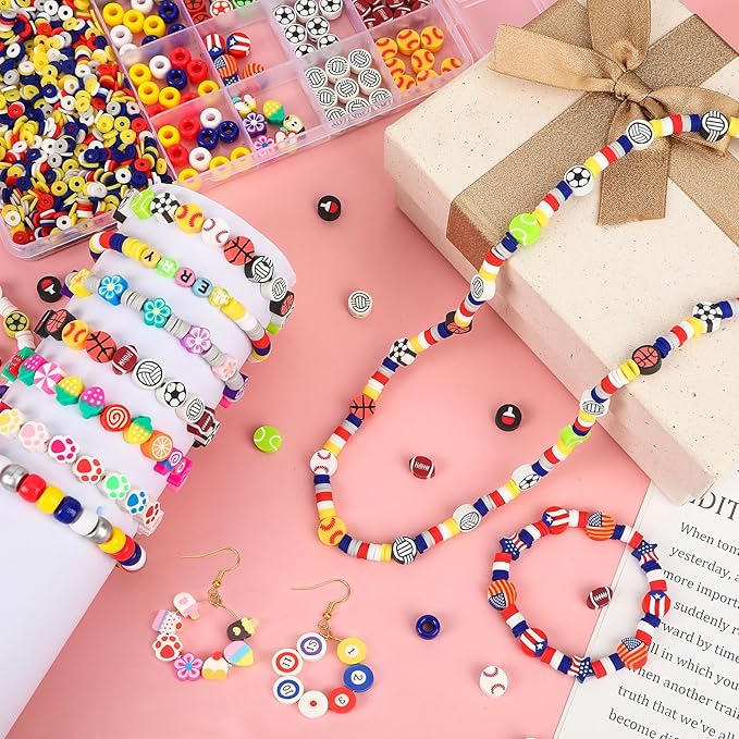 Augshy 1875 Pcs Sports Polymer Clay Beads Kit for Jewelry Making Sports Ball Themed Bead Mixed Football Baseball Soccer Volleyball Beads with Alphabet Beads, Pony Bead, Strings for DIY Bracelets