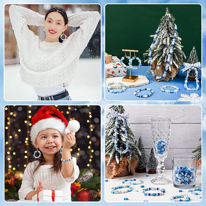 Augshy 300Pcs Winter Beads for Jewelry Making, Winter Blue Polymer Clay Beads Holiday Snowflake Snowman Craft Bead for Bracelets Necklaces Earrings Making Supplies