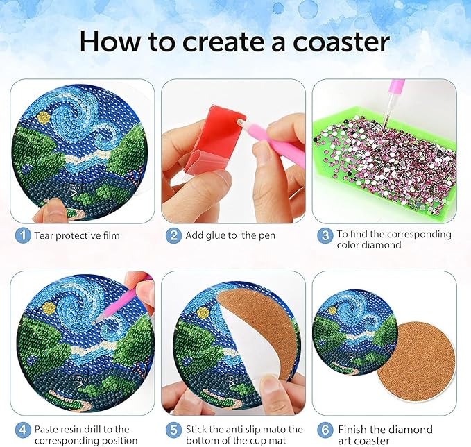 8 Pcs Diamond Art Coasters Kit with Holder, DIY Famous-Painting Diamond Painting Coasters for Beginners Adults, Non Slip Diamond Art Kits Craft Supplies 4x4inch