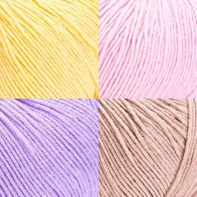 Cotton Yarn Kit - 4 Multicolor Balls Soft Sport Weight Yarn for Crochet & Amigurumi - 50g / 175yds Each & 10 Stitch Markers (H12 - Pastel-4)