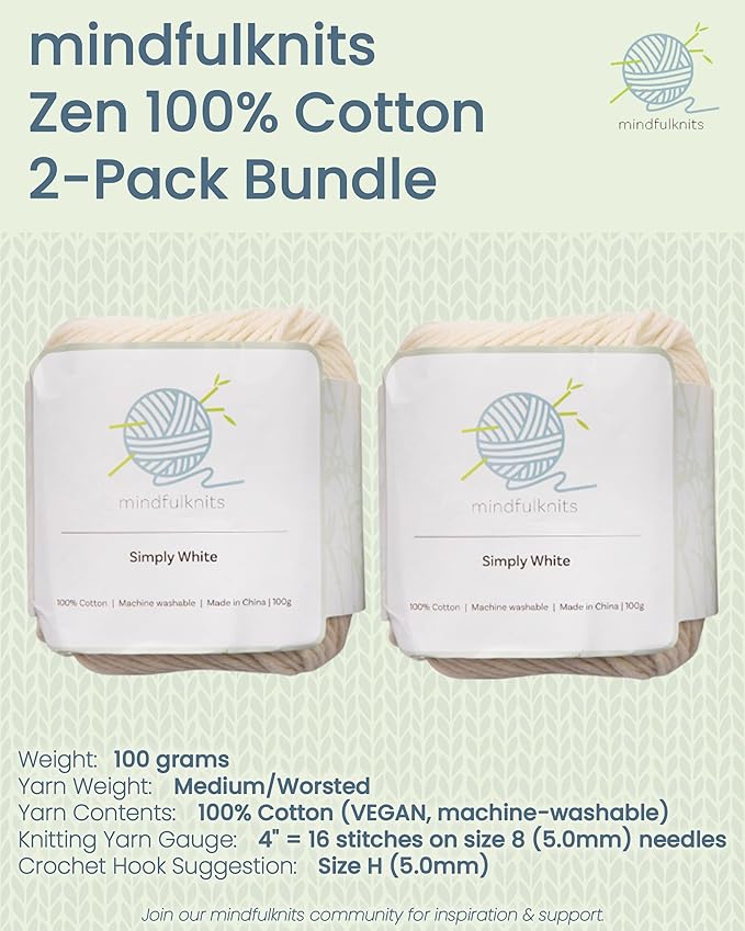 Knitting Yarn, Crochet Yarn, Mindfulness and Relaxation 100 Percent Cotton Yarn, Single Color 2-Pack - Medium Number 4 Worsted Bundle, Soft & Gentle for Garments, Amigurumi, Baby Items by mindfulknits