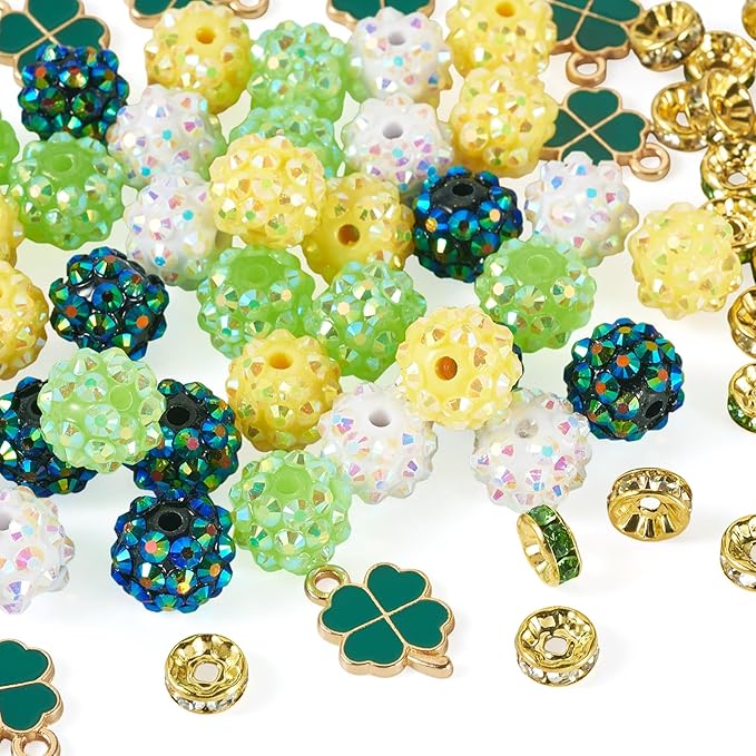 Cheriswelry St.Patrick's Day Jewelry Making Kit Green Clover Four Leaf Pendants Clay Disco Ball Beads Flat Round Rhinestone Spacer Bead for DIY Bracelet Necklace Earring Crafts 137Pcs/Set