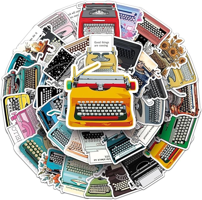 Retro Typewriter Stickers for Scrapbooking,50pcs Vintage Typewriter Decals, Waterproof Vinyl Stickers for Journals, Laptops, Home Decor, Ideal for Kids Adults
