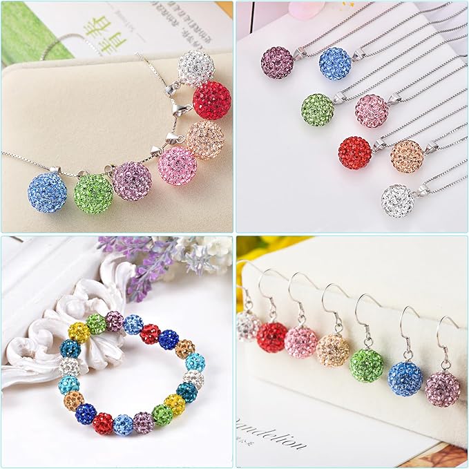 100 pcs 10mm Rhinestone Beads for Jewelry Making, White Shiny Round Disco Ball Beads, Bulk Clay Rhinestone Bead Sparkle Crystal Diamond Bead for Bracelet Necklace Earring Crafting