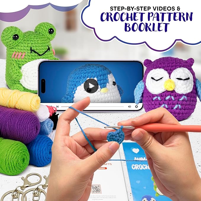 Animals Crochet Kit for Beginners – Set of 3 Easy-to-Use Knitting Kit for Adults with Yarns, Tools & Instructions for Creating Handmade Gifts, Nice for Stress Relief, Great as Mothers Day Gift for Mom
