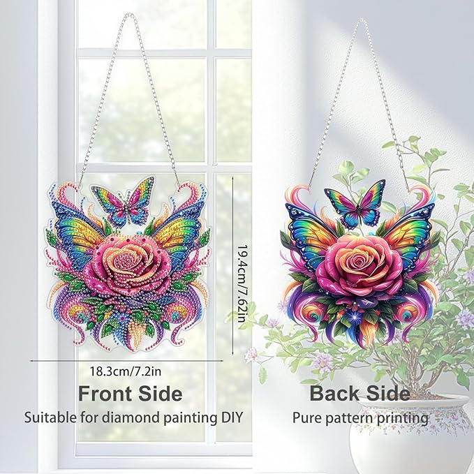 TOSTOG Flower Diamond Art Hanging Kits for Adults, Butterfly Diamond Painting for Adults Window Pendant, Special Shape Diamonds Diamond Painting Hanging Pendant Kit for Decor Gift