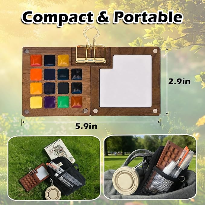 Mini Watercolor Paint Set, Portable Travel Art Kit with 12-Color Paint, 6 Brushes, 2 Sketchbooks & Crossbody Bag - Ideal for Artists & Beginners (walnut color)